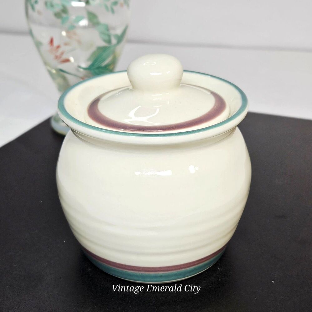 Vtg Pfaltzgraff Juniper Sugar Bowl Canister Storage Lidded Teal Mauve Container